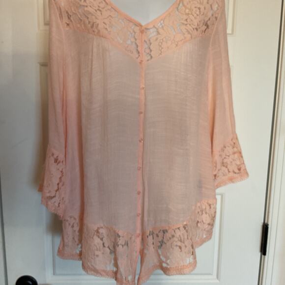Zac & Rachel Peach Crochet Trim Semi Sheer Boho/Peasant Top Sz M - Picture 2 of 8